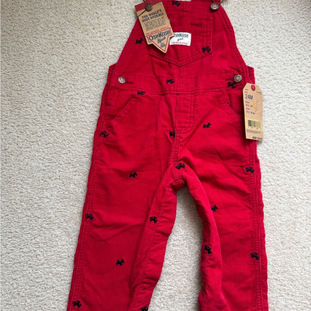 NWT OshKosh B'gosh red corduroy cotton overalls with embroidered dogs size 24m
